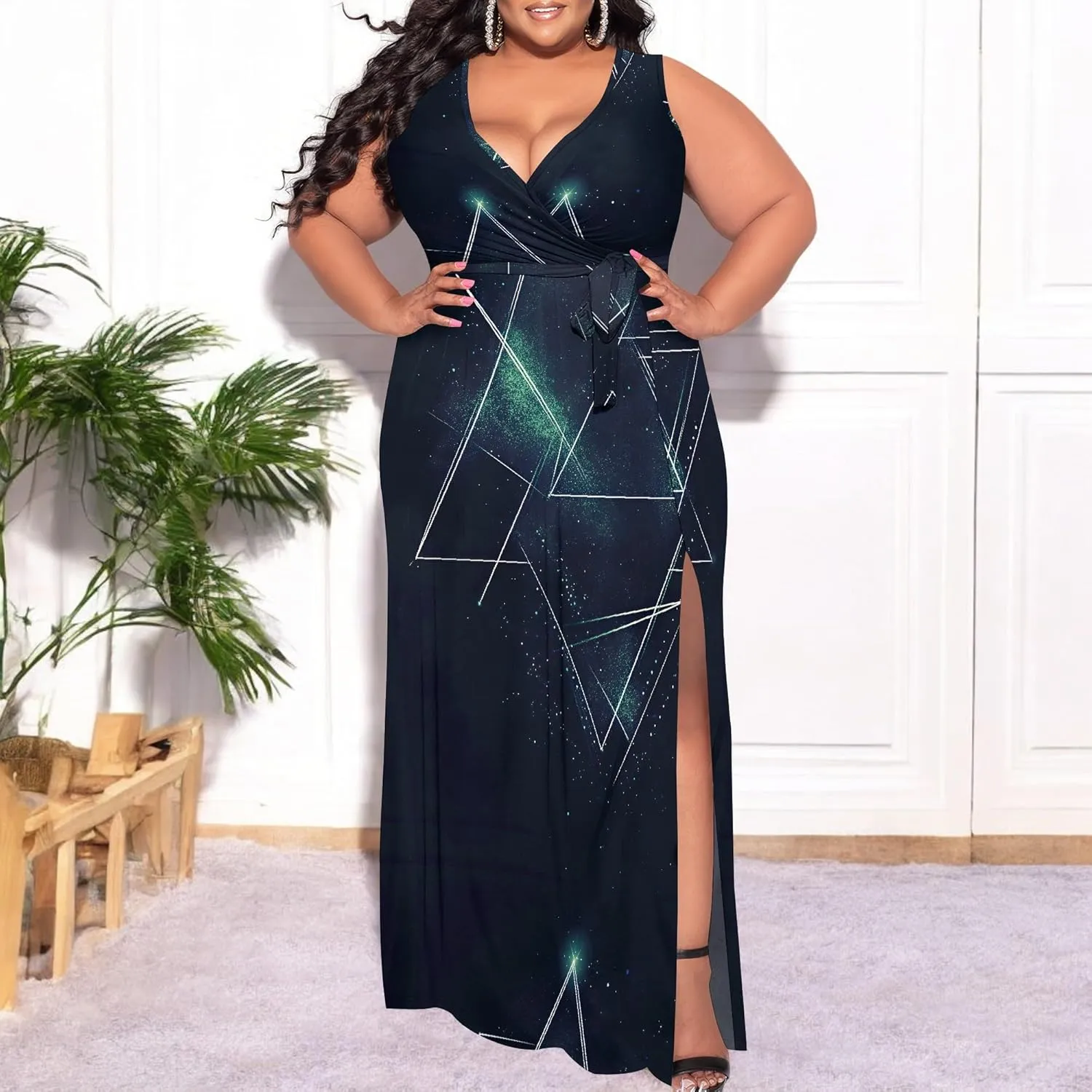 Plus Size Summer Maxi Dress for Curvy Womens Empire Waist Casual Loose Sleeveless Floral Print Swing Flowy Slit Tiered Dress