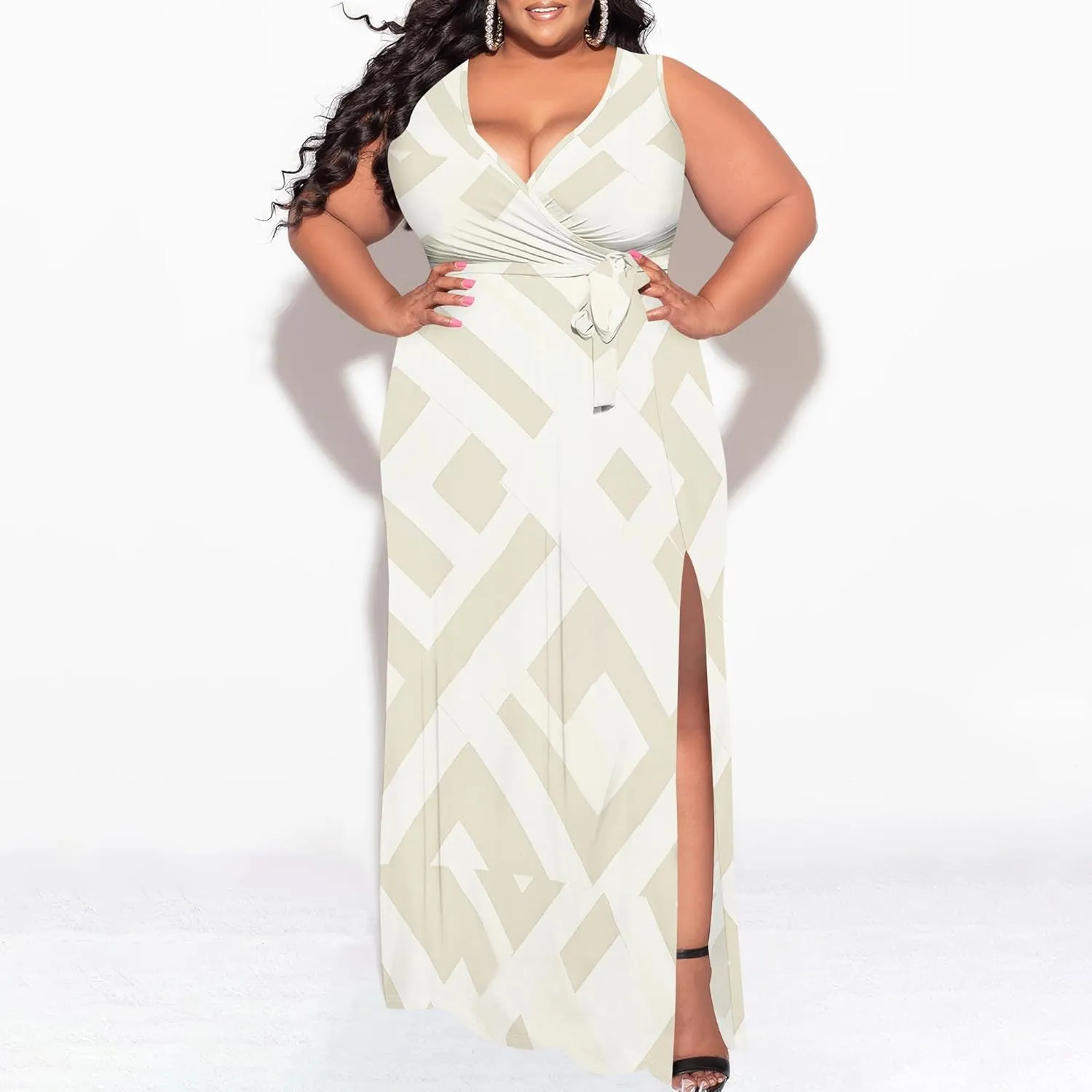 Plus Size Summer Maxi Dress for Curvy Womens Empire Waist Casual Loose Sleeveless Floral Print Swing Flowy Slit Tiered Dress
