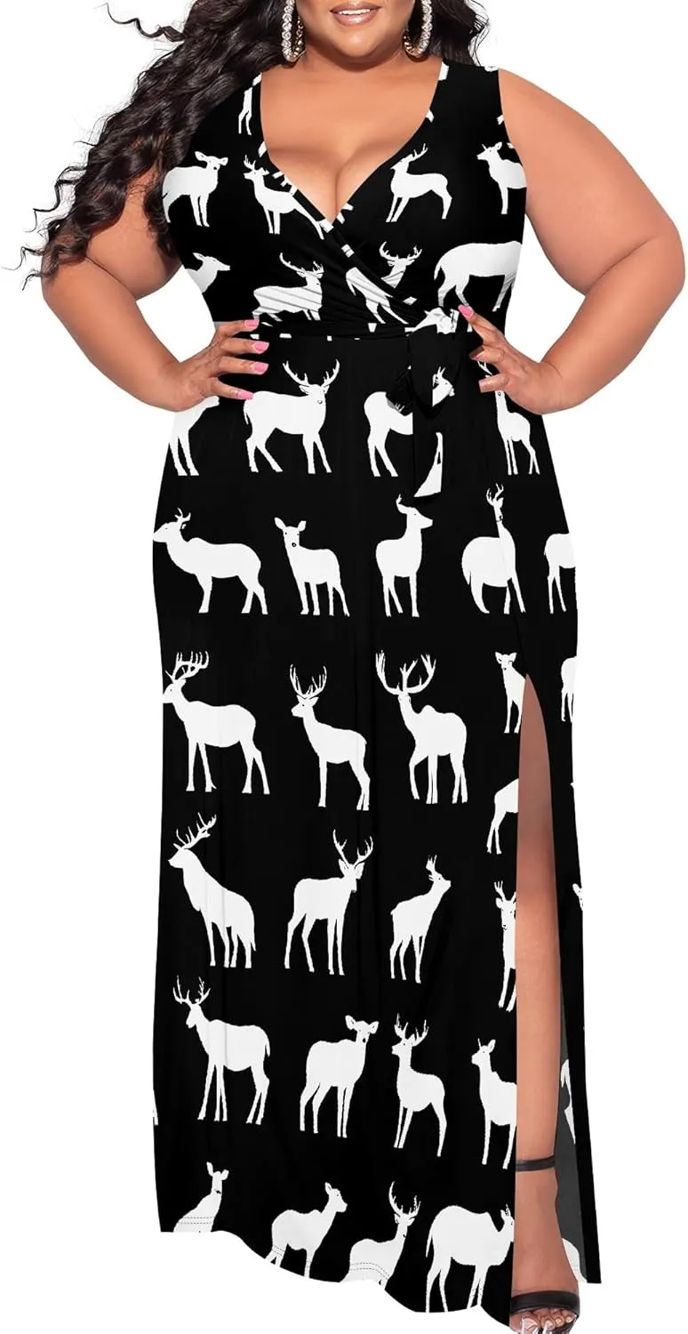 Plus Size Summer Maxi Dress for Curvy Womens Empire Waist Casual Loose Sleeveless Floral Print Swing Flowy Slit Tiered Dress
