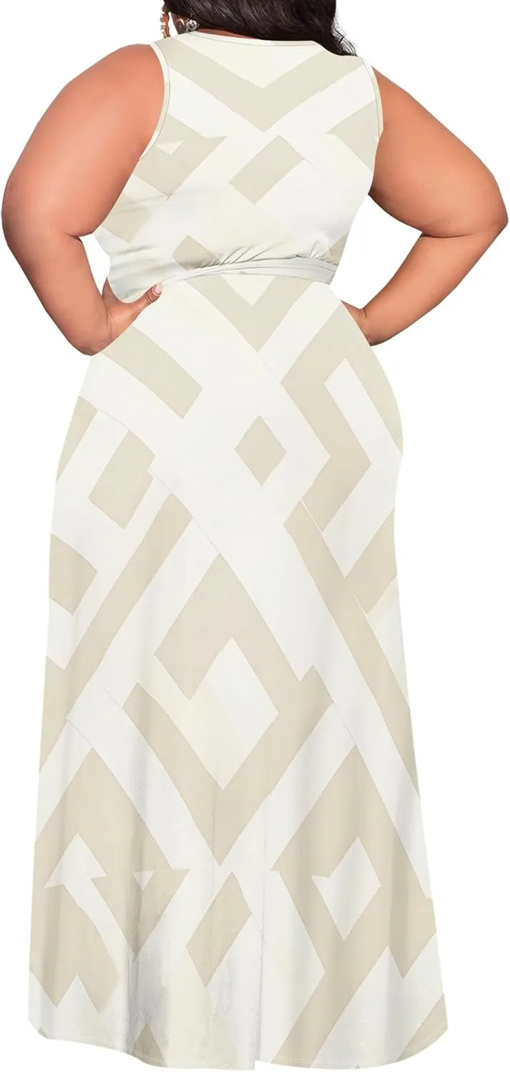 Plus Size Summer Maxi Dress for Curvy Womens Empire Waist Casual Loose Sleeveless Floral Print Swing Flowy Slit Tiered Dress