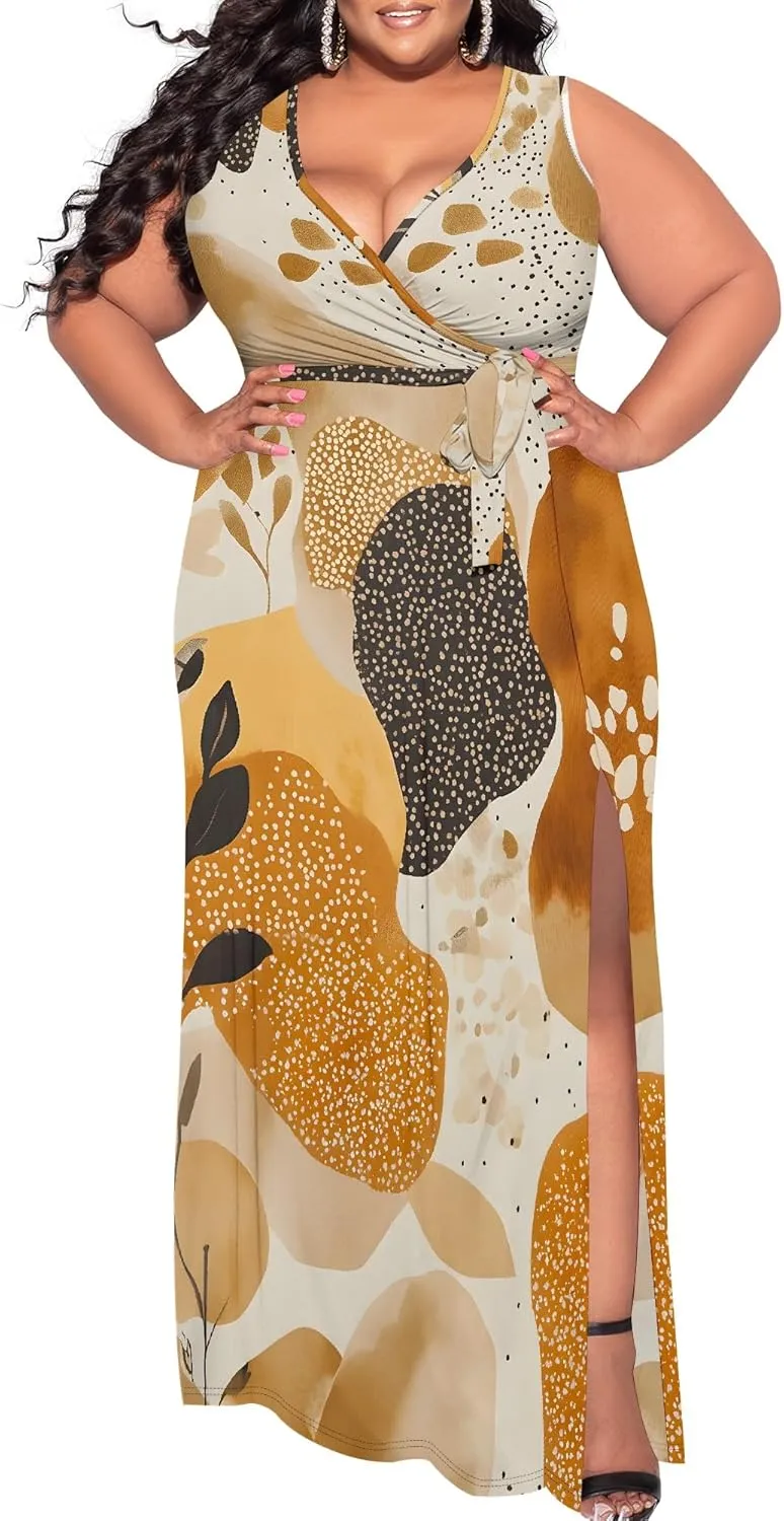 Plus Size Summer Maxi Dress for Curvy Womens Empire Waist Casual Loose Sleeveless Floral Print Swing Flowy Slit Tiered Dress