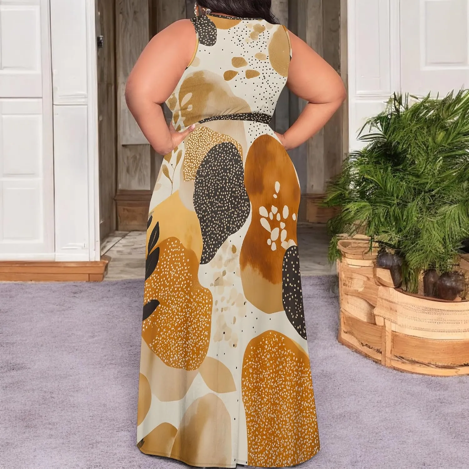 Plus Size Summer Maxi Dress for Curvy Womens Empire Waist Casual Loose Sleeveless Floral Print Swing Flowy Slit Tiered Dress