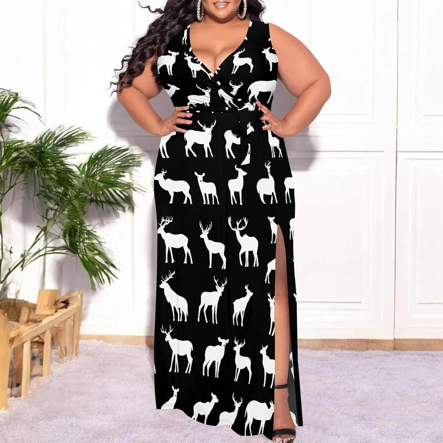 Plus Size Summer Maxi Dress for Curvy Womens Empire Waist Casual Loose Sleeveless Floral Print Swing Flowy Slit Tiered Dress