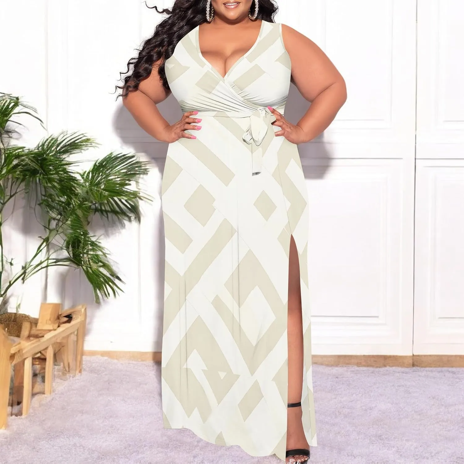 Plus Size Summer Maxi Dress for Curvy Womens Empire Waist Casual Loose Sleeveless Floral Print Swing Flowy Slit Tiered Dress