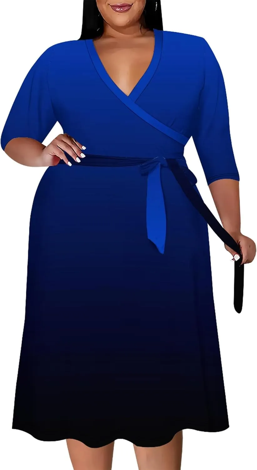 Plus Size Women's Midi Dress 3/4 Sleeves V Neck Cocktail Party Club Sundress Curvy Wrap Sexy Casual Dresses with Belt