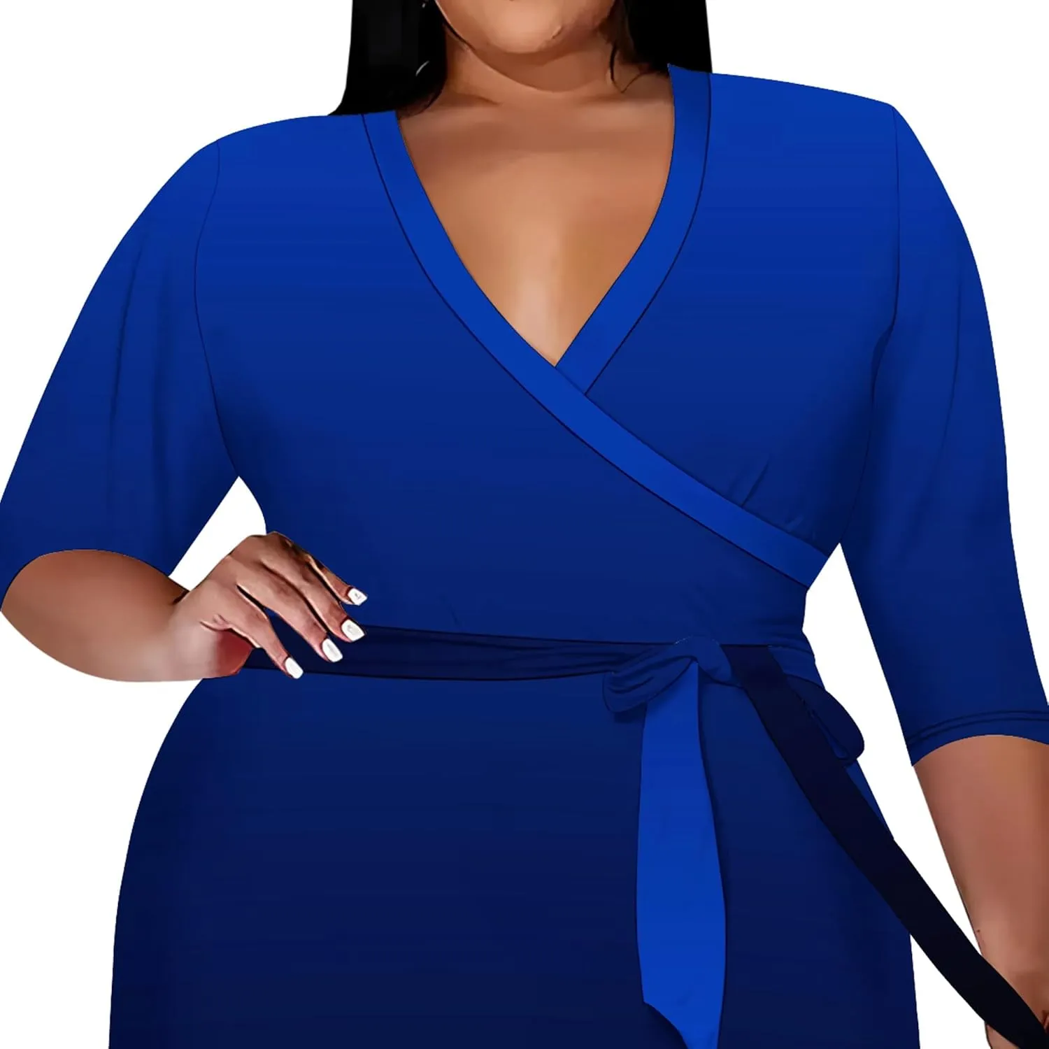 Plus Size Women's Midi Dress 3/4 Sleeves V Neck Cocktail Party Club Sundress Curvy Wrap Sexy Casual Dresses with Belt