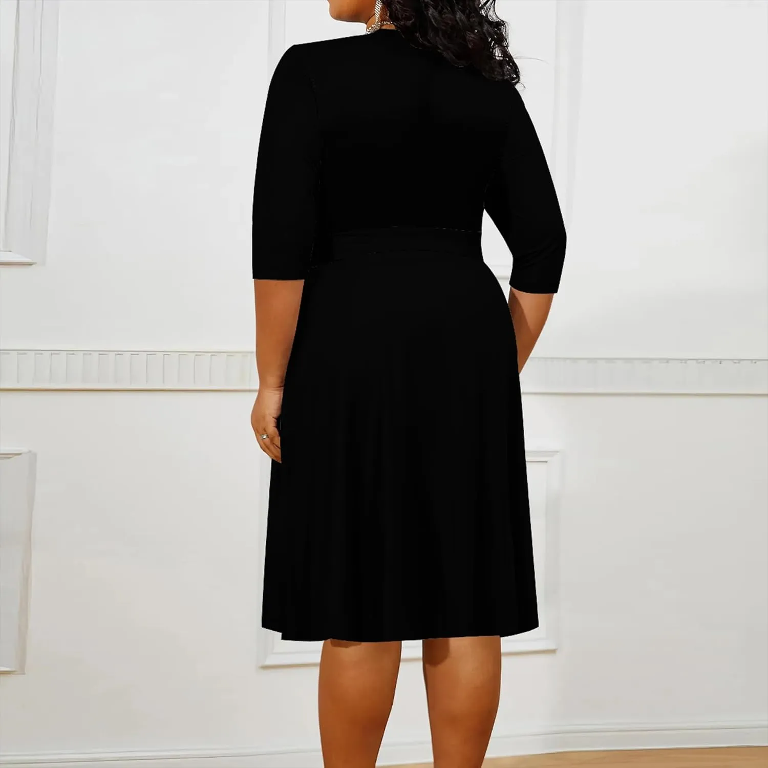 Plus Size Women's Midi Dress 3/4 Sleeves V Neck Cocktail Party Club Sundress Curvy Wrap Sexy Casual Dresses with Belt
