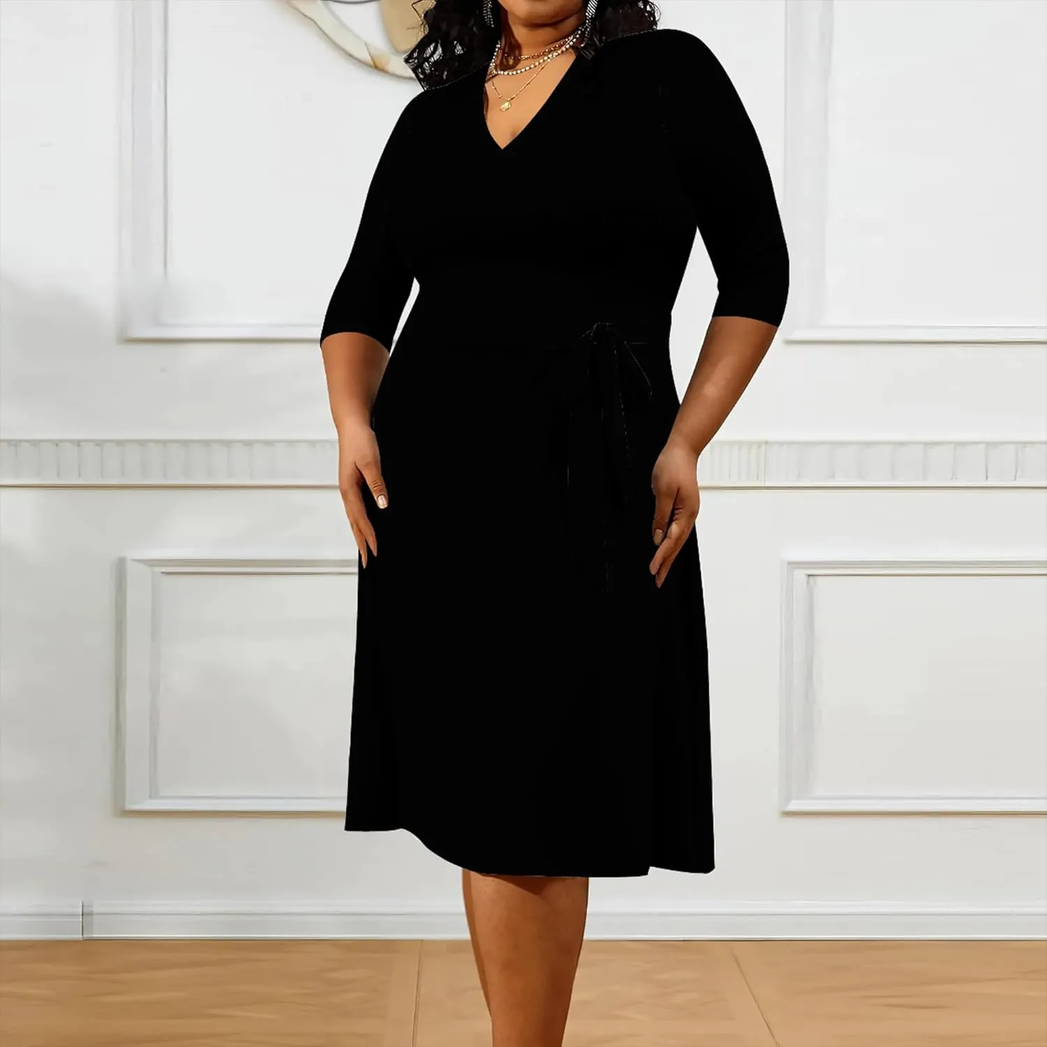 Plus Size Women's Midi Dress 3/4 Sleeves V Neck Cocktail Party Club Sundress Curvy Wrap Sexy Casual Dresses with Belt