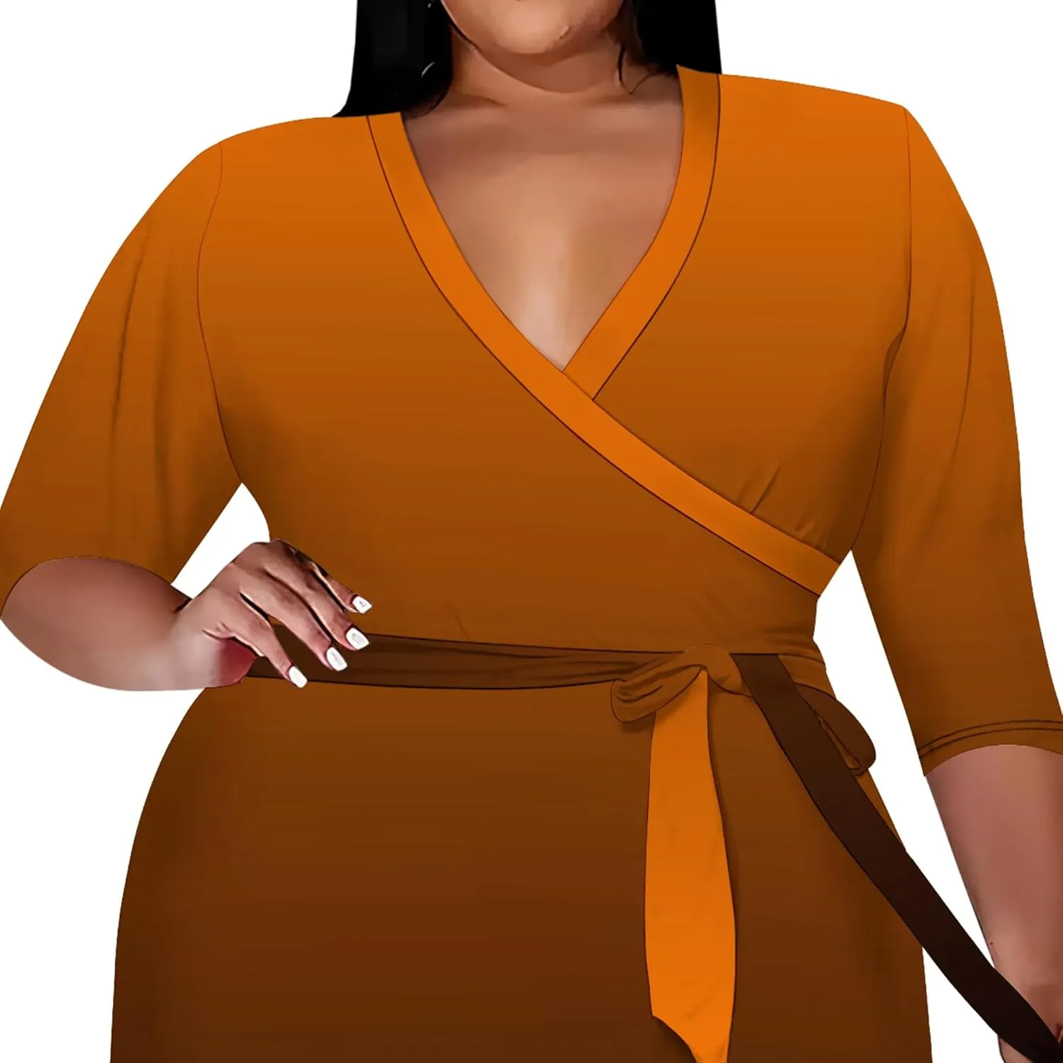 Plus Size Women's Midi Dress 3/4 Sleeves V Neck Cocktail Party Club Sundress Curvy Wrap Sexy Casual Dresses with Belt