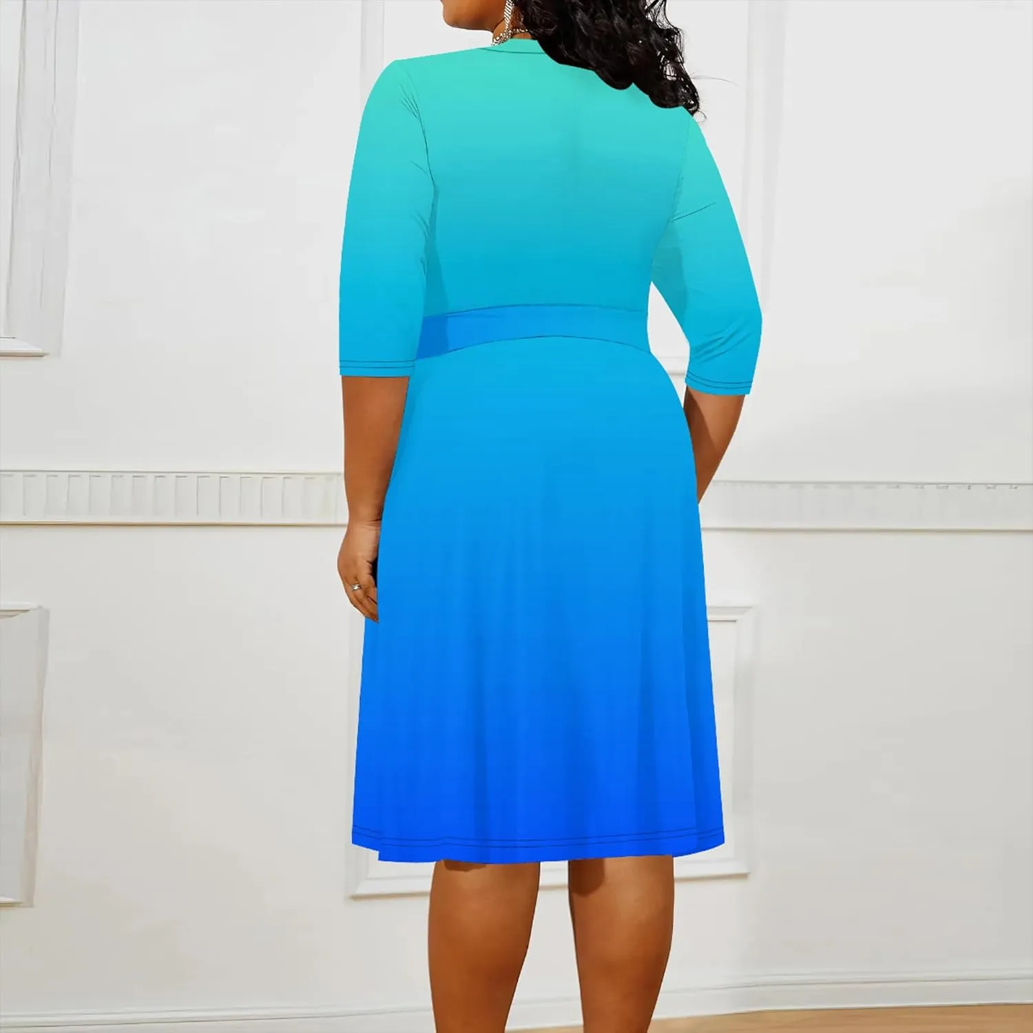 Plus Size Women's Midi Dress 3/4 Sleeves V Neck Cocktail Party Club Sundress Curvy Wrap Sexy Casual Dresses with Belt