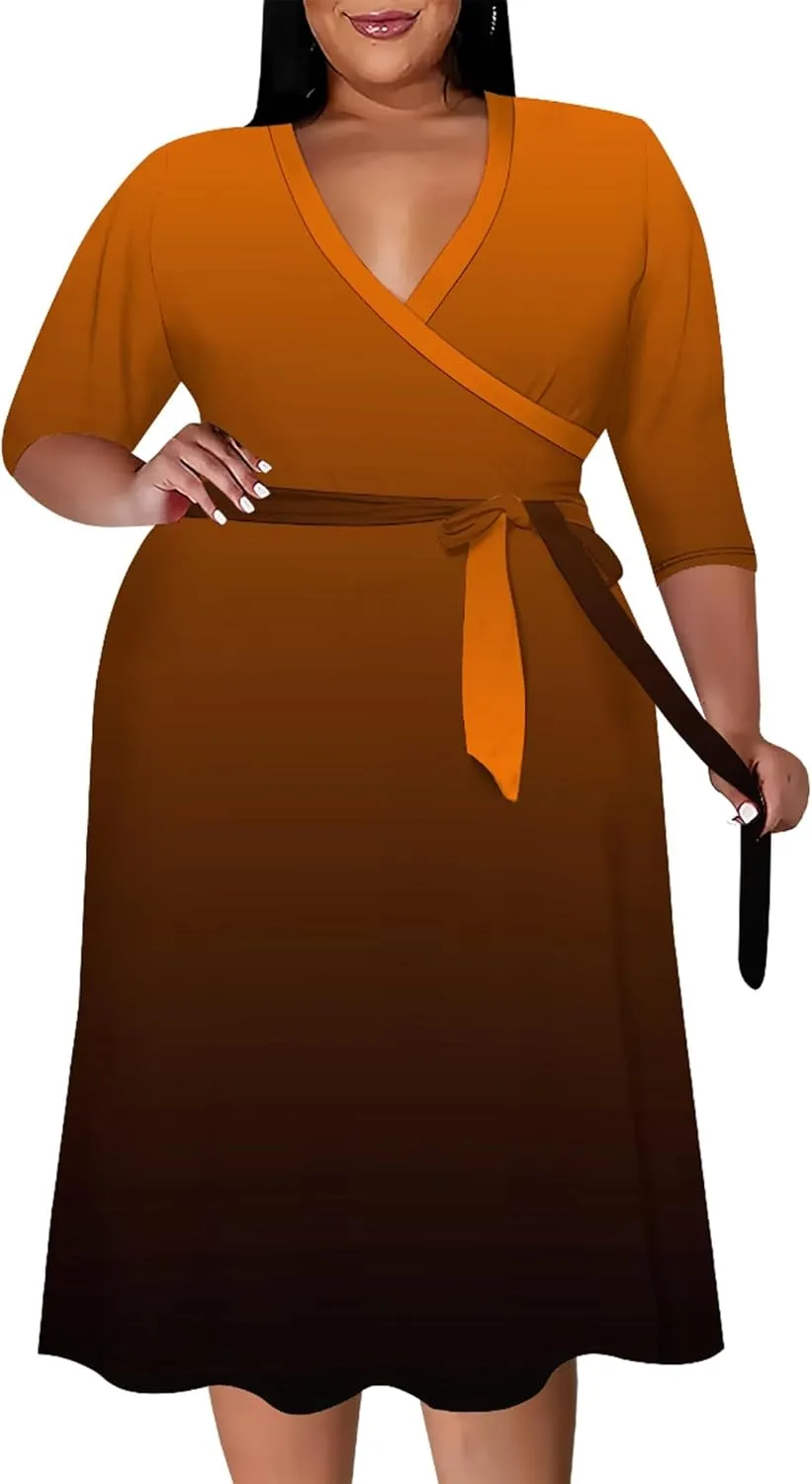 Plus Size Women's Midi Dress 3/4 Sleeves V Neck Cocktail Party Club Sundress Curvy Wrap Sexy Casual Dresses with Belt