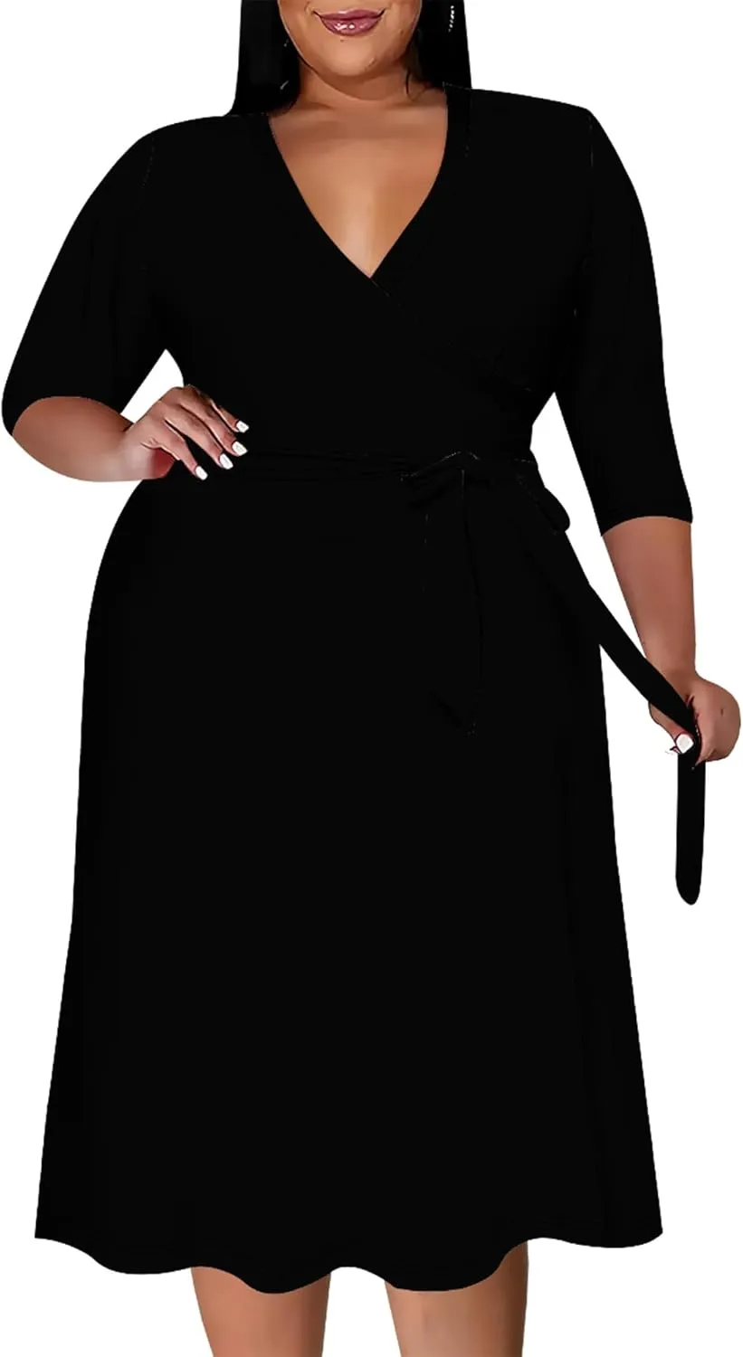 Plus Size Women's Midi Dress 3/4 Sleeves V Neck Cocktail Party Club Sundress Curvy Wrap Sexy Casual Dresses with Belt