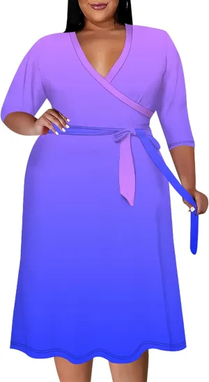 Plus Size Women's Midi Dress 3/4 Sleeves V Neck Cocktail Party Club Sundress Curvy Wrap Sexy Casual Dresses with Belt