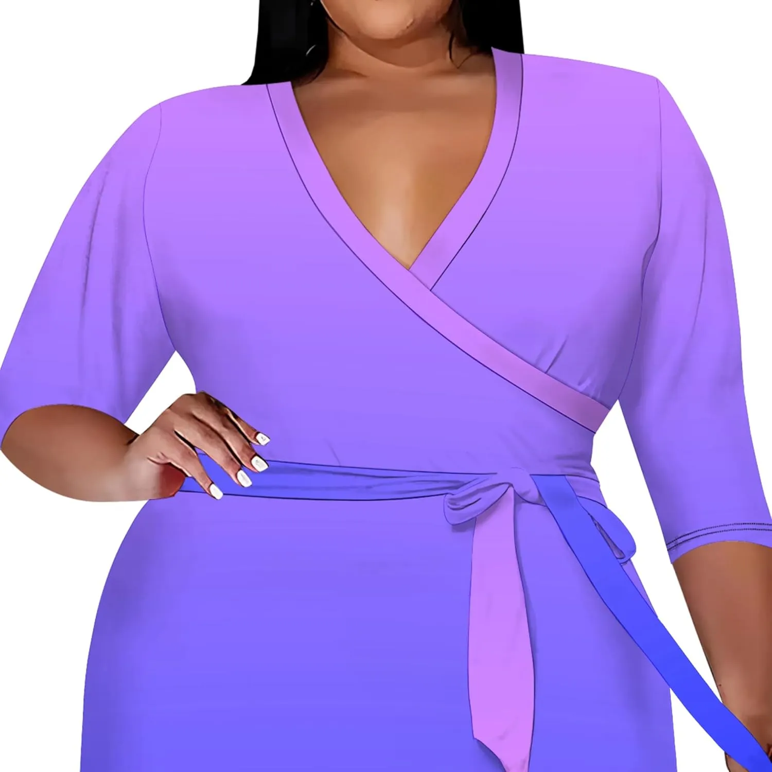 Plus Size Women's Midi Dress 3/4 Sleeves V Neck Cocktail Party Club Sundress Curvy Wrap Sexy Casual Dresses with Belt