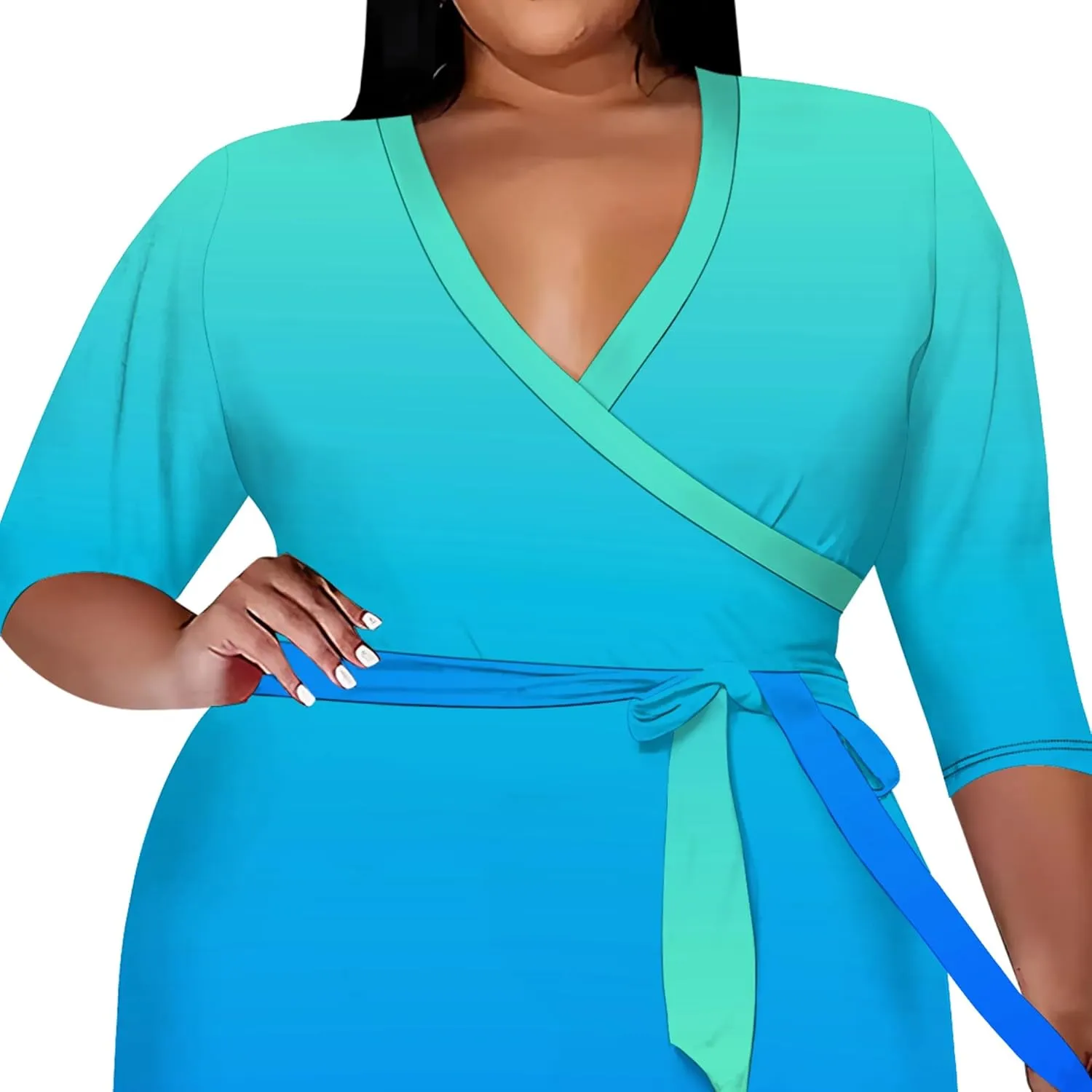 Plus Size Women's Midi Dress 3/4 Sleeves V Neck Cocktail Party Club Sundress Curvy Wrap Sexy Casual Dresses with Belt
