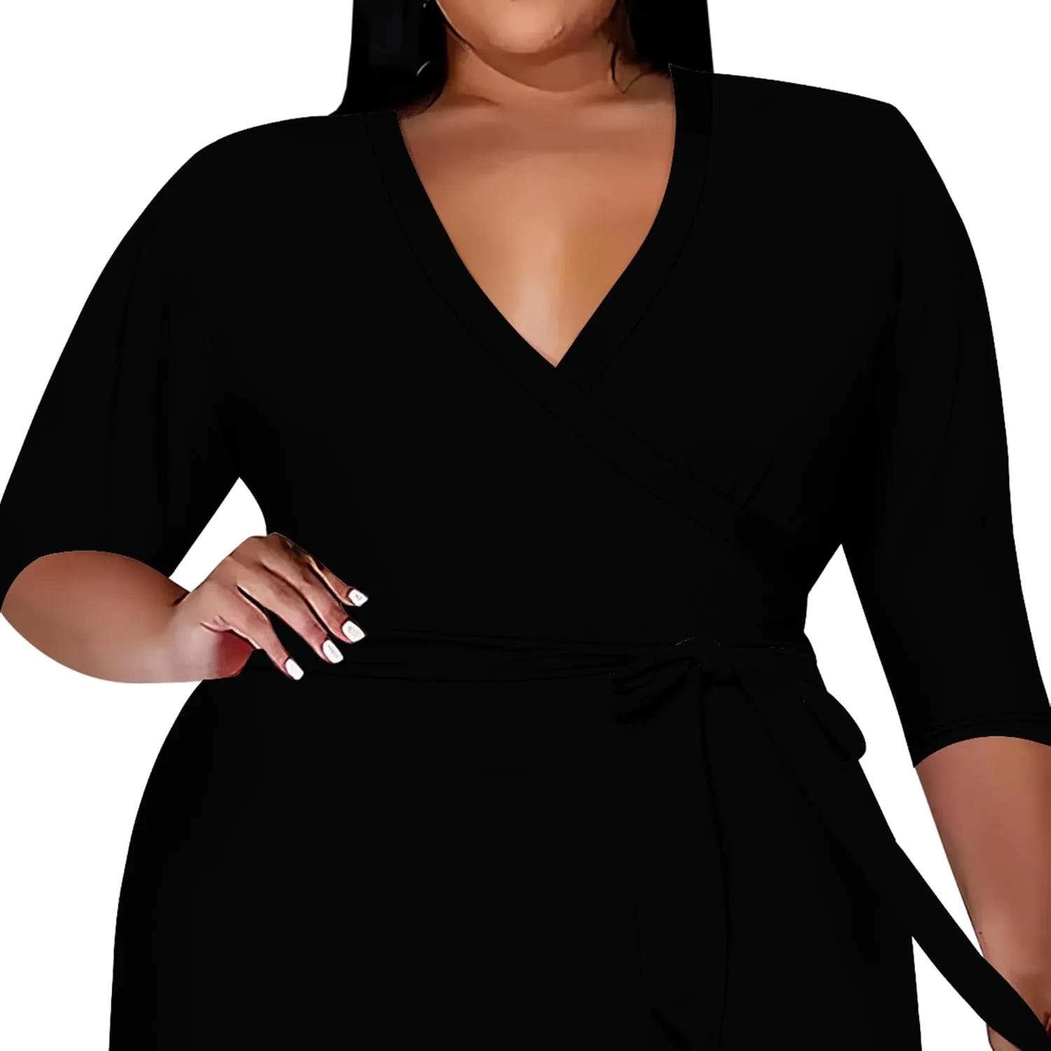 Plus Size Women's Midi Dress 3/4 Sleeves V Neck Cocktail Party Club Sundress Curvy Wrap Sexy Casual Dresses with Belt