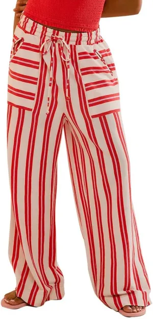Pooyikoi Women Loose Striped Wide Leg Pants Business Casual Drawstring Low Waist Pants Baggy Straight Leg Trouser