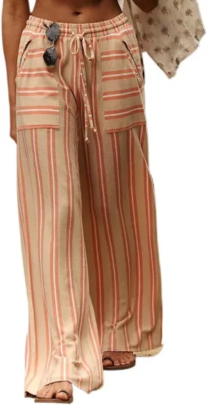 Pooyikoi Women Loose Striped Wide Leg Pants Business Casual Drawstring Low Waist Pants Baggy Straight Leg Trouser