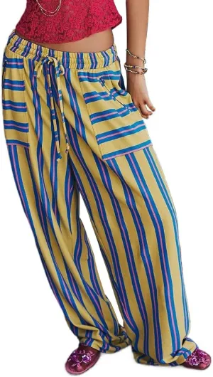 Pooyikoi Women Loose Striped Wide Leg Pants Business Casual Drawstring Low Waist Pants Baggy Straight Leg Trouser