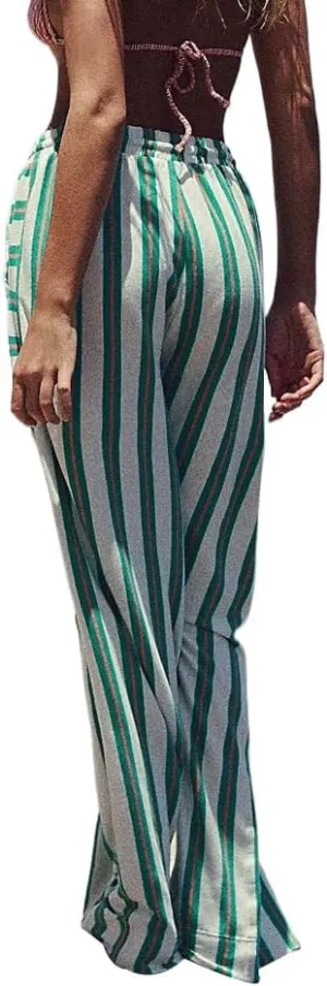 Pooyikoi Women Loose Striped Wide Leg Pants Business Casual Drawstring Low Waist Pants Baggy Straight Leg Trouser