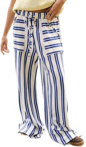 Pooyikoi Women Loose Striped Wide Leg Pants Business Casual Drawstring Low Waist Pants Baggy Straight Leg Trouser