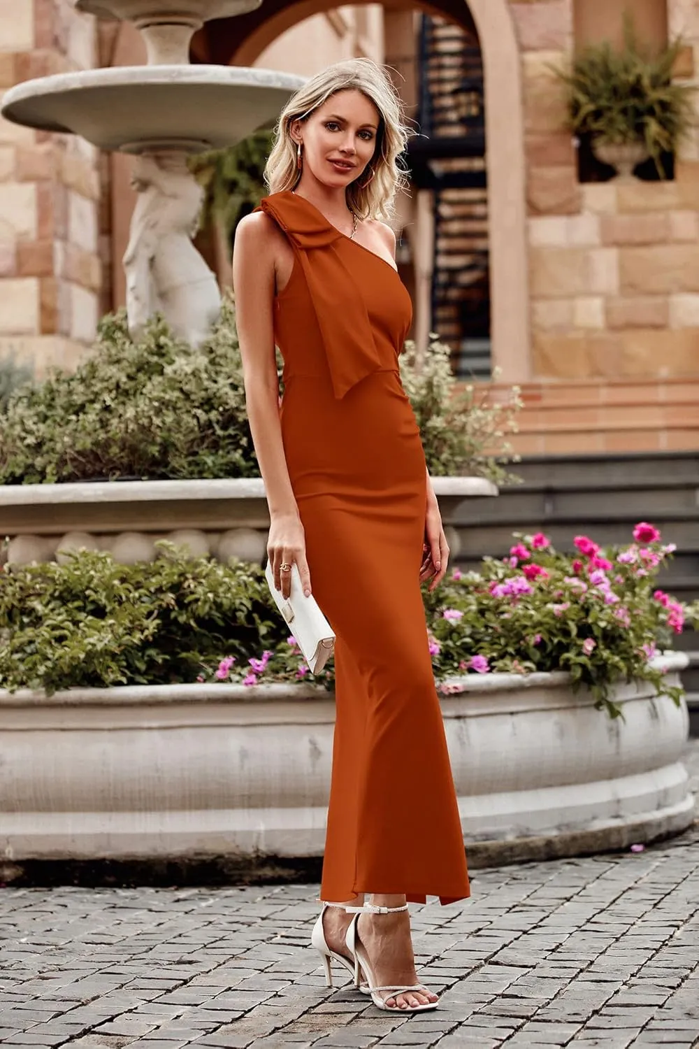 PRETTYGARDEN Summer One Shoulder Long Formal Women's Dress Sleeveless Ruched Bodycon Wedding Guest Slit Maxi Dresses