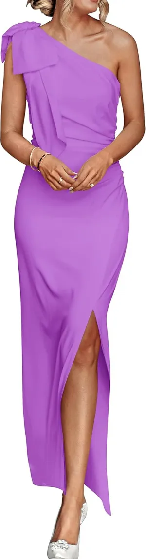 PRETTYGARDEN Summer One Shoulder Long Formal Women's Dress Sleeveless Ruched Bodycon Wedding Guest Slit Maxi Dresses