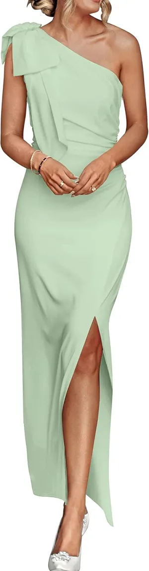PRETTYGARDEN Summer One Shoulder Long Formal Women's Dress Sleeveless Ruched Bodycon Wedding Guest Slit Maxi Dresses