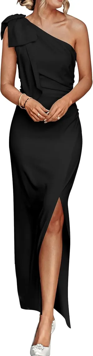 PRETTYGARDEN Summer One Shoulder Long Formal Women's Dress Sleeveless Ruched Bodycon Wedding Guest Slit Maxi Dresses