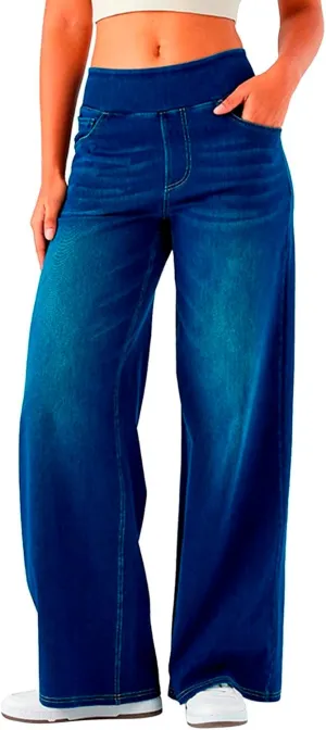 Pull On Wide Leg Jeans for Women,Trendy High Waisted Stretchy Baggy Denim Pants,Fashion Straight Leg Trousers