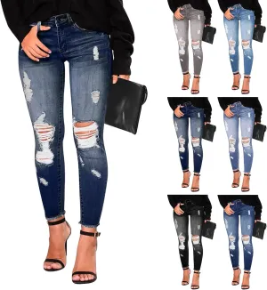 Ripped Jeans Womens Skinny Stretchy High Waisted Plus Size Raw Hem Denim Boyfriend Butt Lifting Jeggings with Pockets