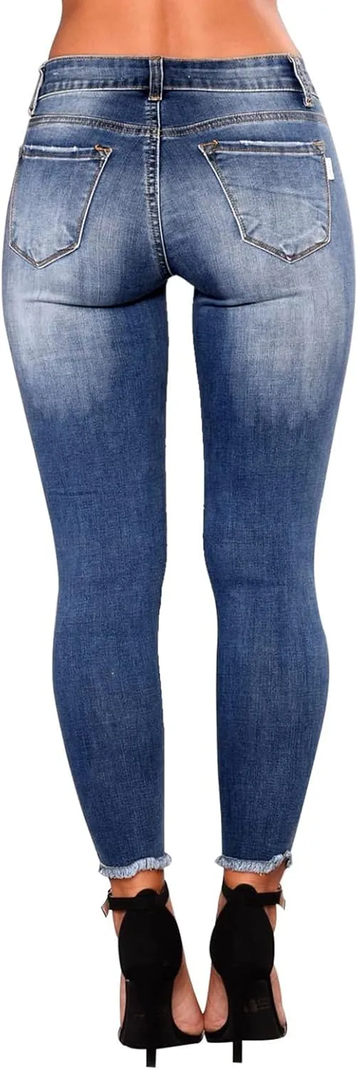 Ripped Jeans Womens Skinny Stretchy High Waisted Plus Size Raw Hem Denim Boyfriend Butt Lifting Jeggings with Pockets