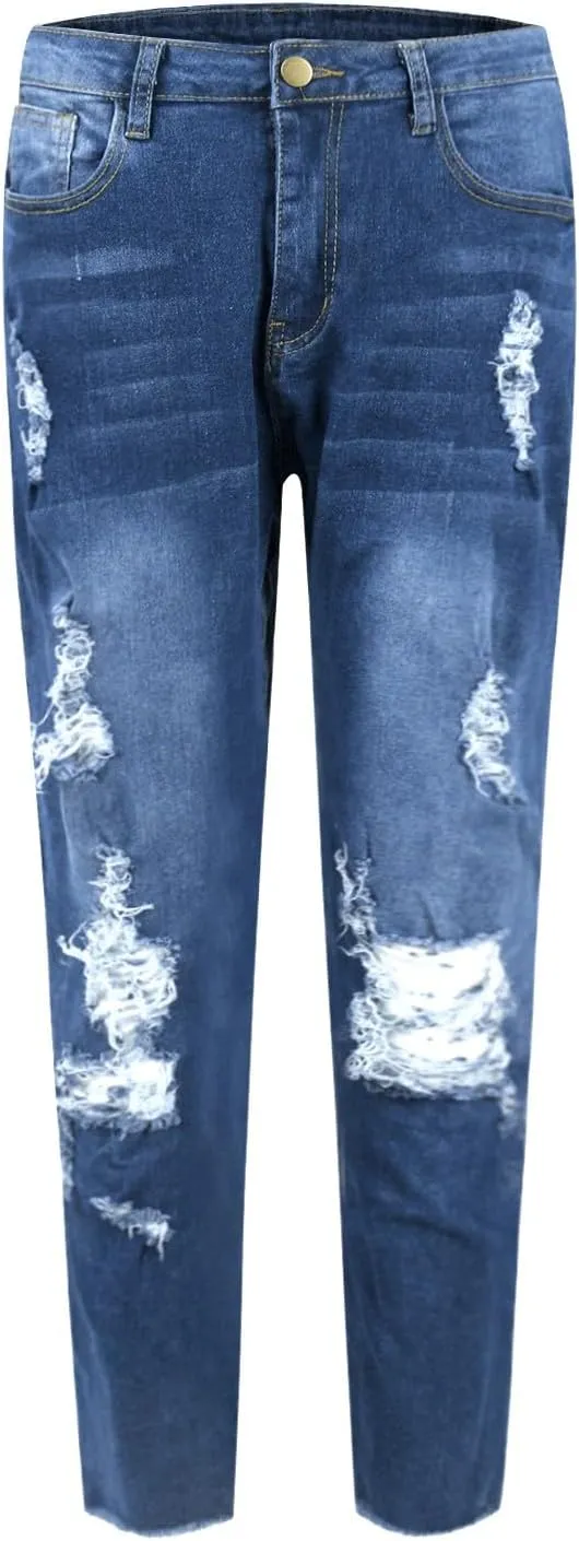 Ripped Jeans Womens Skinny Stretchy High Waisted Plus Size Raw Hem Denim Boyfriend Butt Lifting Jeggings with Pockets