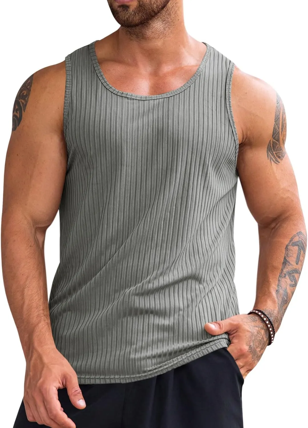 Runcati Men's Ribbed Tank Tops 2 Pack Knit Sleeveless Workout T Shirt Muscle Gym Fitness Tee