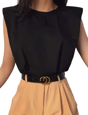 SAFRISIOR Women Loose Solid Shoulder Pads Sleeveless T-Shirt Casual Cotton Round Neck Tank Tee Top