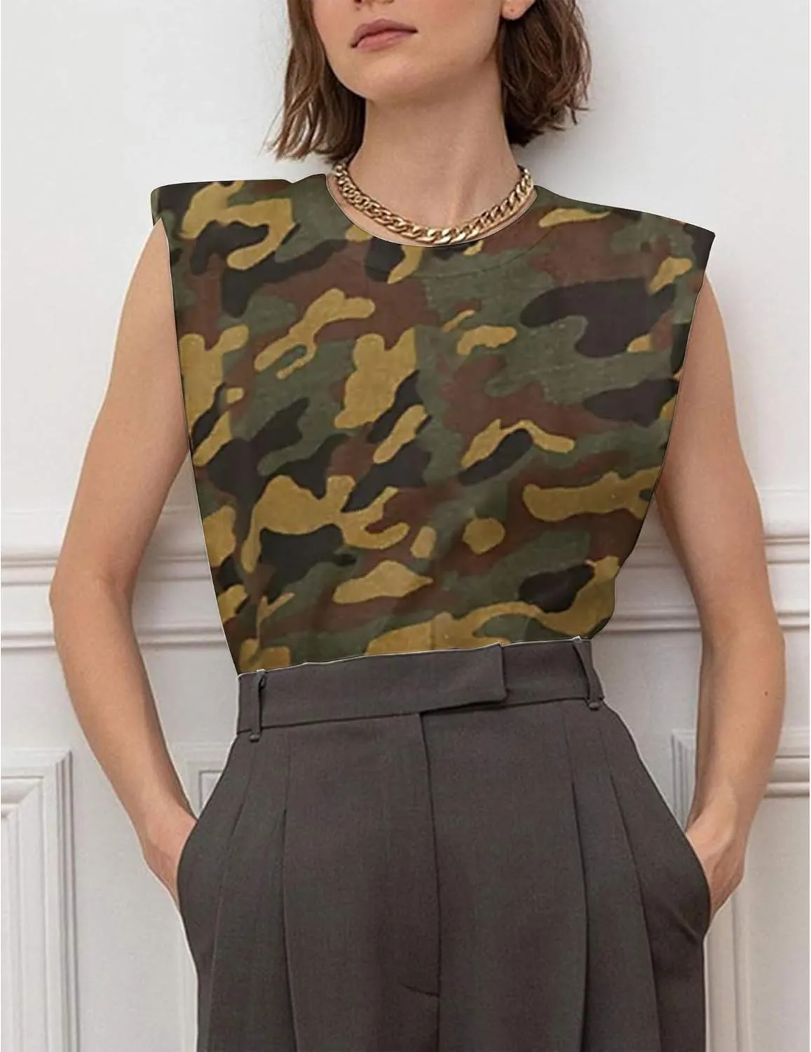 SAFRISIOR Women Loose Solid Shoulder Pads Sleeveless T-Shirt Casual Cotton Round Neck Tank Tee Top
