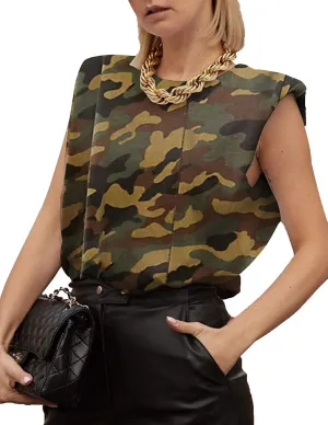 SAFRISIOR Women Loose Solid Shoulder Pads Sleeveless T-Shirt Casual Cotton Round Neck Tank Tee Top