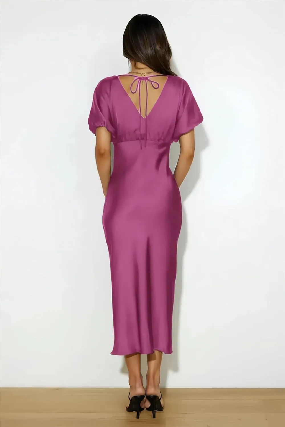 Satin V Neck Puffy Sleeves Silk Midi Dresses Empire Waist Elegant Tie Back Formal Cocktail Dress for Women Wedding Guest