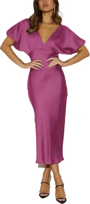 Satin V Neck Puffy Sleeves Silk Midi Dresses Empire Waist Elegant Tie Back Formal Cocktail Dress for Women Wedding Guest