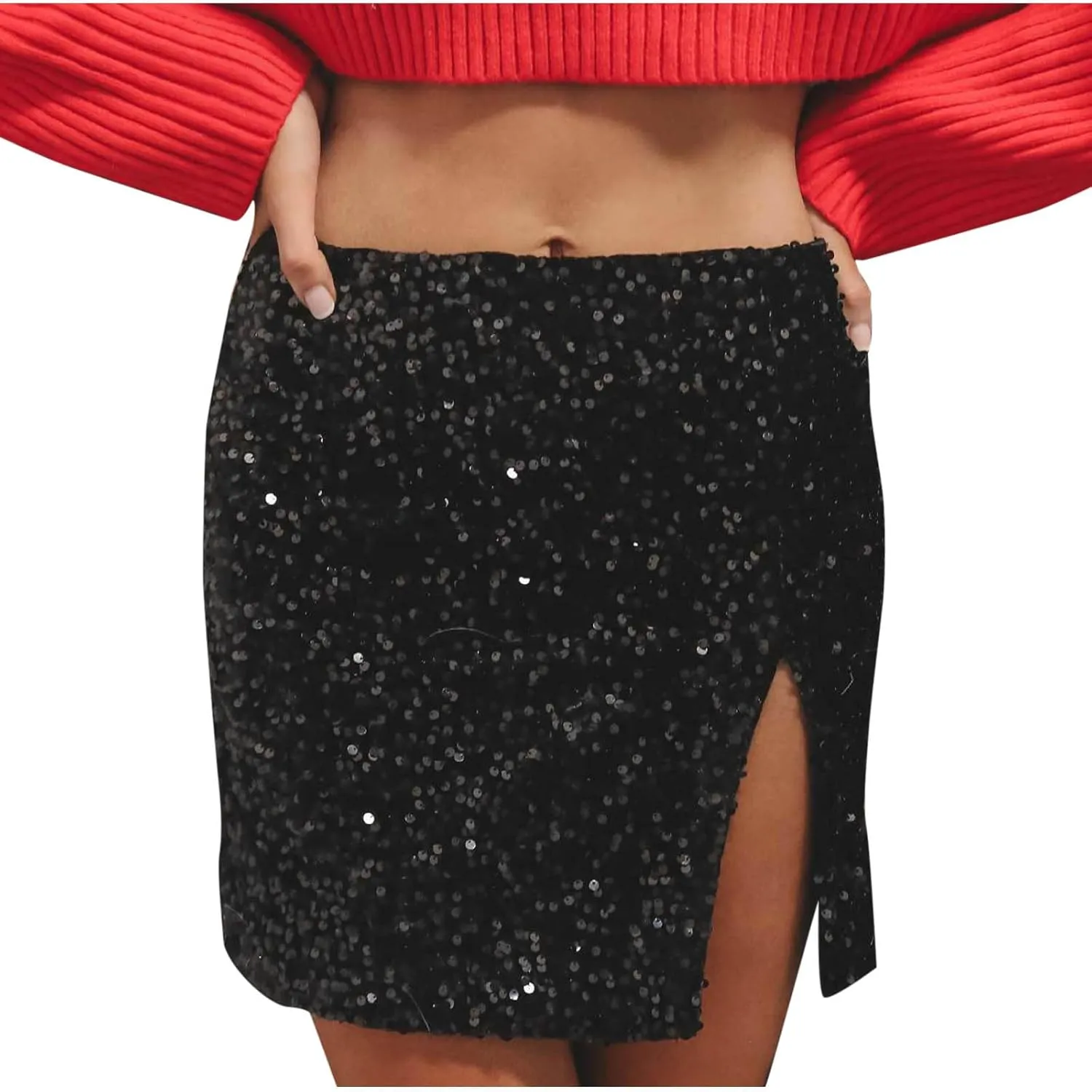Sequin Bodycon Skirt Women Sparkly Metallic Sequin Mini Bodycon Skirt Club Party Dance Outfits Sexy Slit Pencil Skort