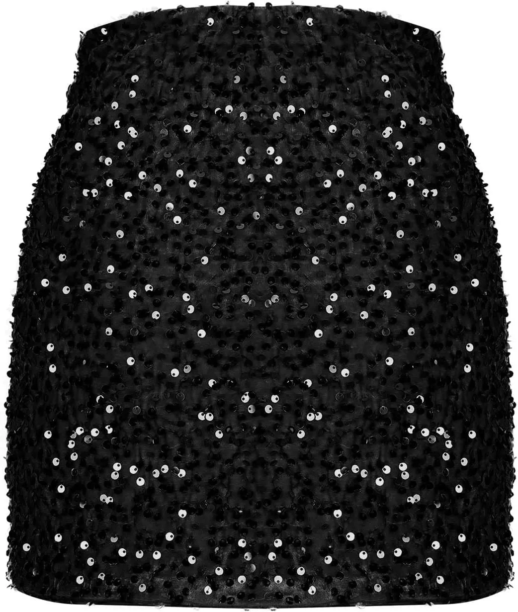 Sequin Bodycon Skirt Women Sparkly Metallic Sequin Mini Bodycon Skirt Club Party Dance Outfits Sexy Slit Pencil Skort