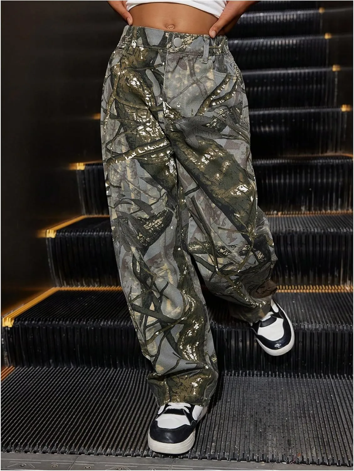 SHENHE Girl's Camo High Waisted Wide Leg Jeans Loose Casual Long Denim Pants Streetwear