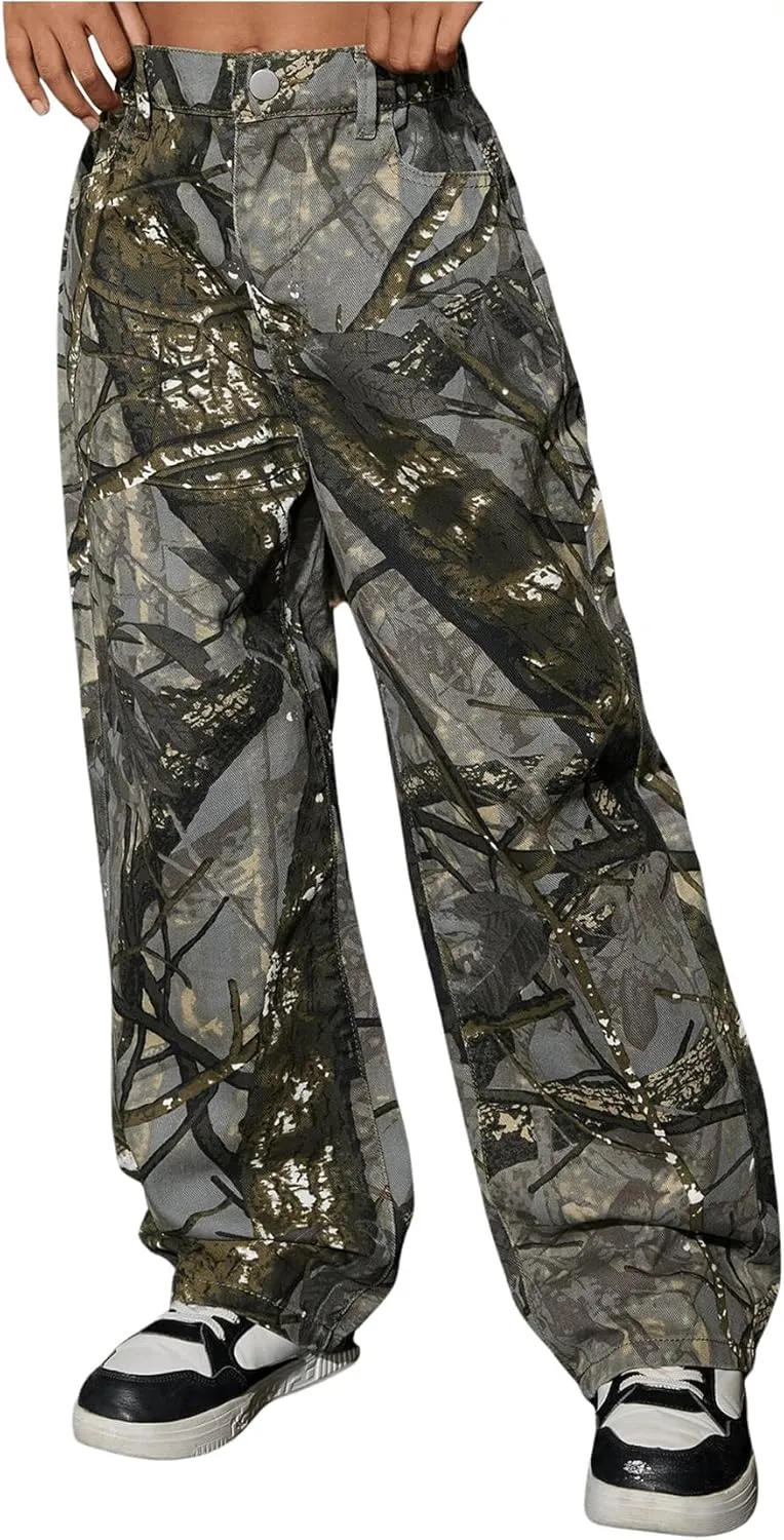 SHENHE Girl's Camo High Waisted Wide Leg Jeans Loose Casual Long Denim Pants Streetwear
