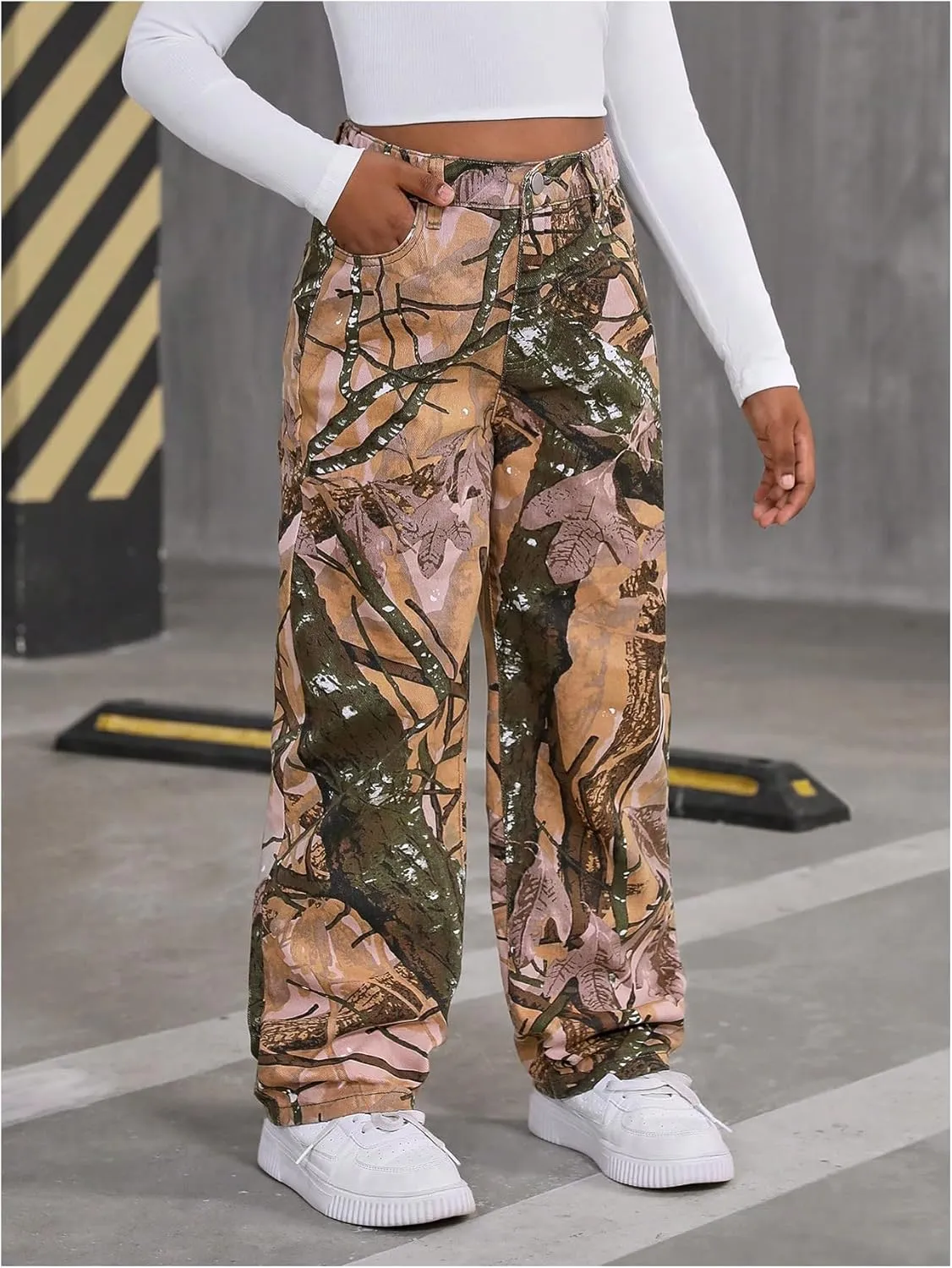 SHENHE Girl's Camo High Waisted Wide Leg Jeans Loose Casual Long Denim Pants Streetwear