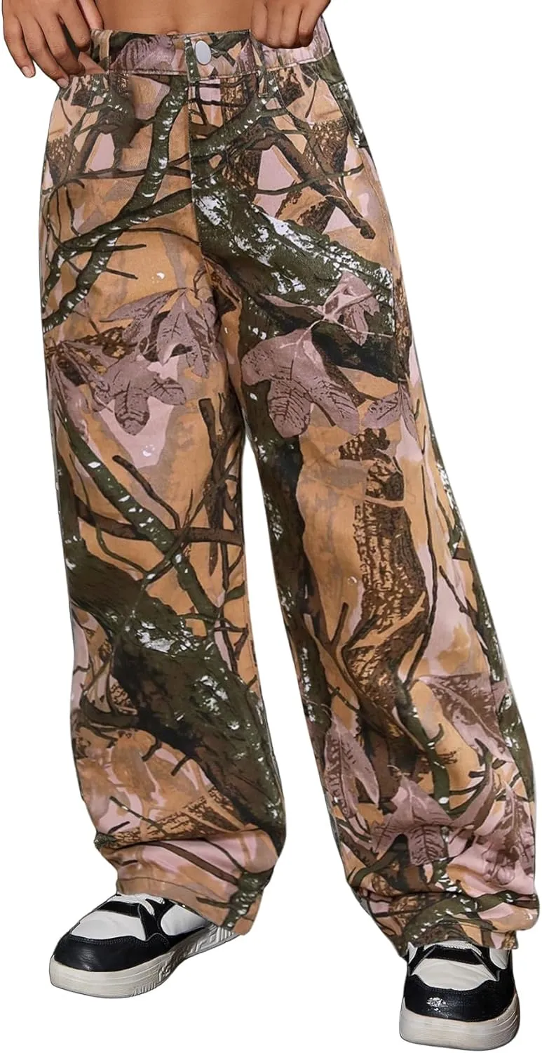 SHENHE Girl's Camo High Waisted Wide Leg Jeans Loose Casual Long Denim Pants Streetwear