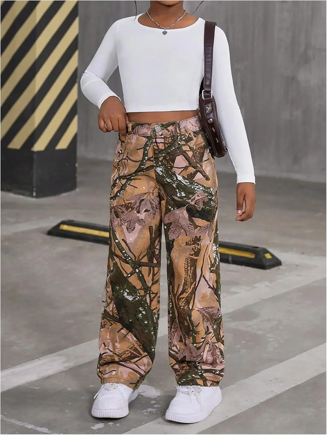 SHENHE Girl's Camo High Waisted Wide Leg Jeans Loose Casual Long Denim Pants Streetwear