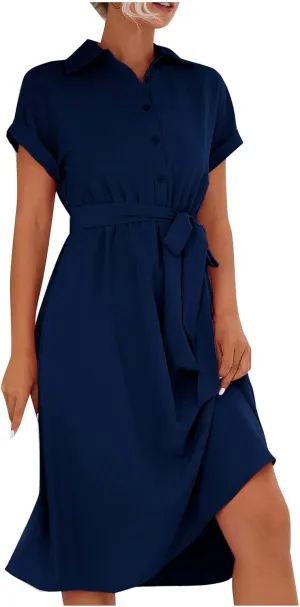 Shirt Dresses for Women, Knee Length Short Sleeve Midi Dress Casual Lapel Neck Button Front Tie Waist Wrap Dress