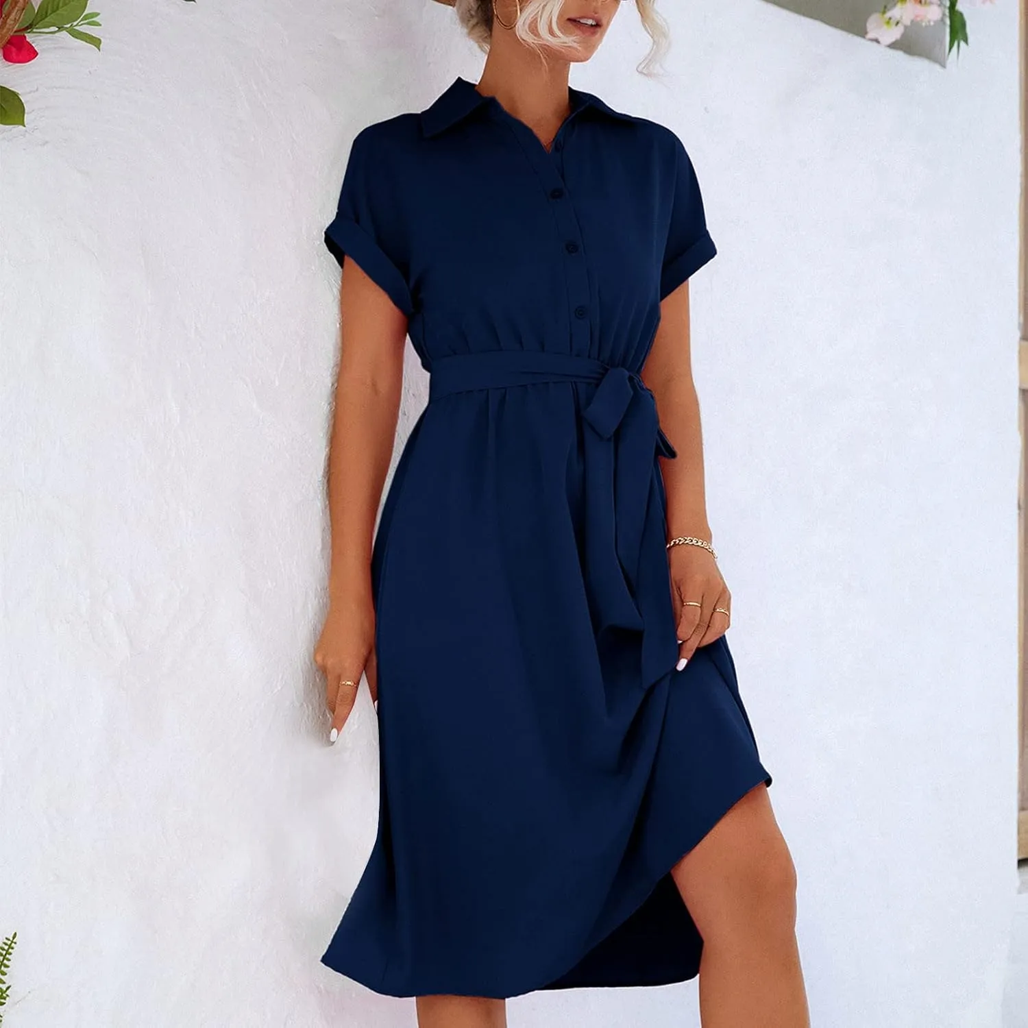Shirt Dresses for Women, Knee Length Short Sleeve Midi Dress Casual Lapel Neck Button Front Tie Waist Wrap Dress