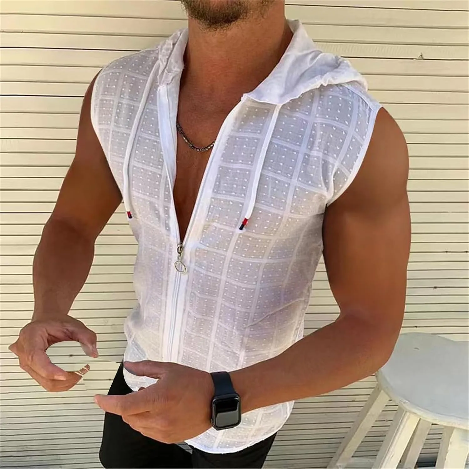 Shirts for Men Short Sleeve Hooded Zipper Cardigan T-shirt Plaid Sleeveless T-shirt Mens Lapel Shirt