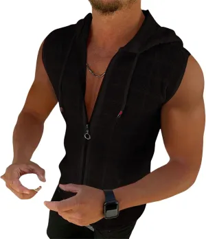 Shirts for Men Short Sleeve Hooded Zipper Cardigan T-shirt Plaid Sleeveless T-shirt Mens Lapel Shirt